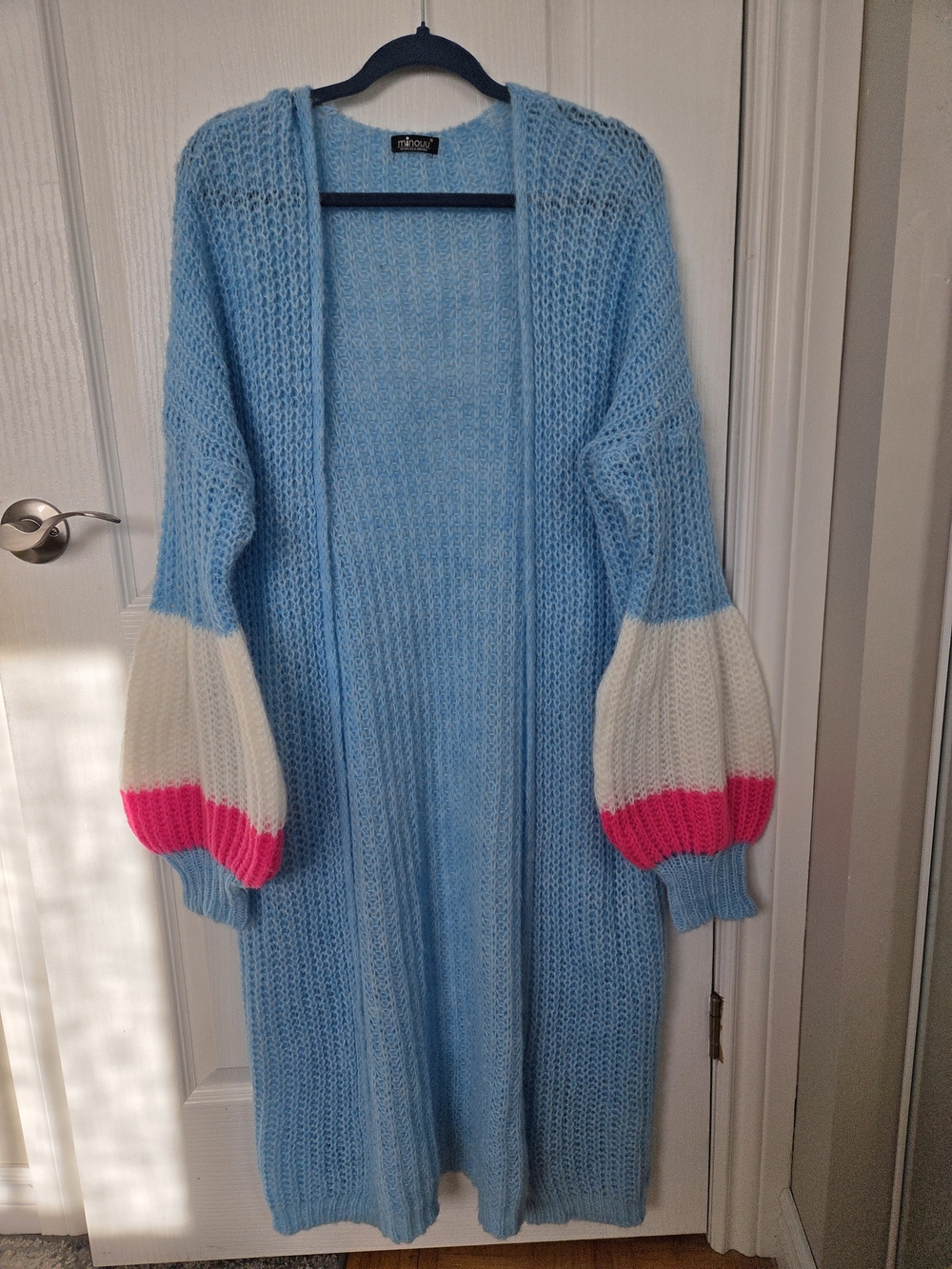 Blue Cardigan with Contrast Sleeve Cuffs Made In Poland Size L